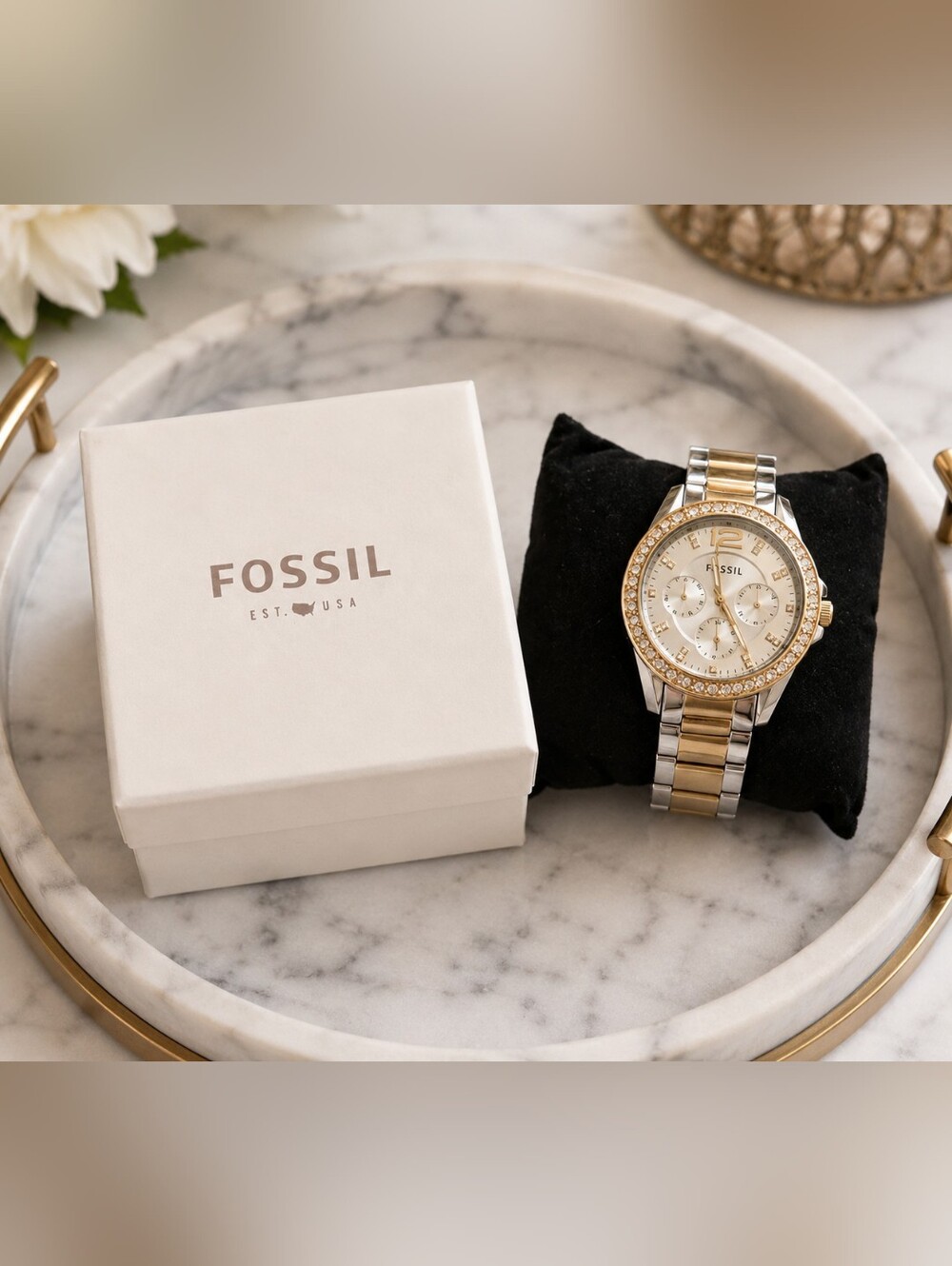 Fossil Two Tone Crystal Bezel Chronograph Watch Silver Gold Boyfriend Style
